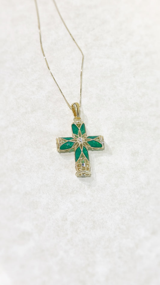 Collana Croce in Argento 925% color Verde e Oro