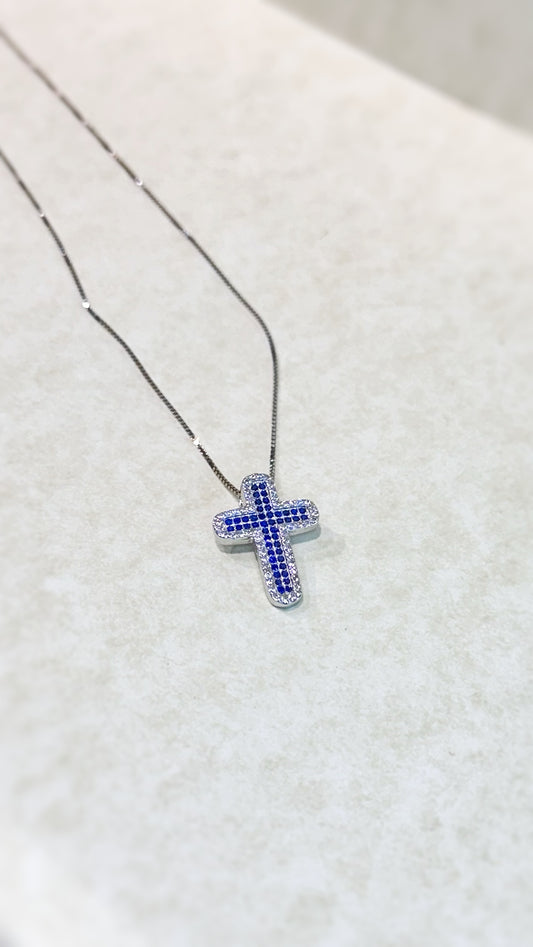 Collana con Croce in d'Argento 925% con Zirconi Blu e Bianchi