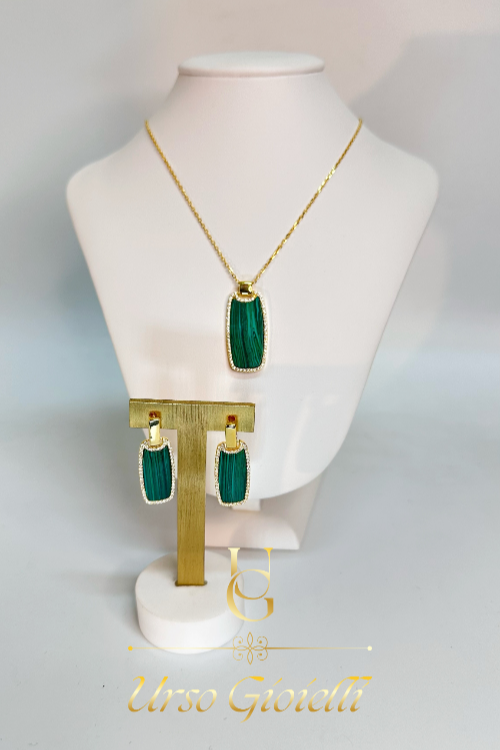 Set Collana e Orecchini in Argento 925% con Malachite e Zirconi bianchi